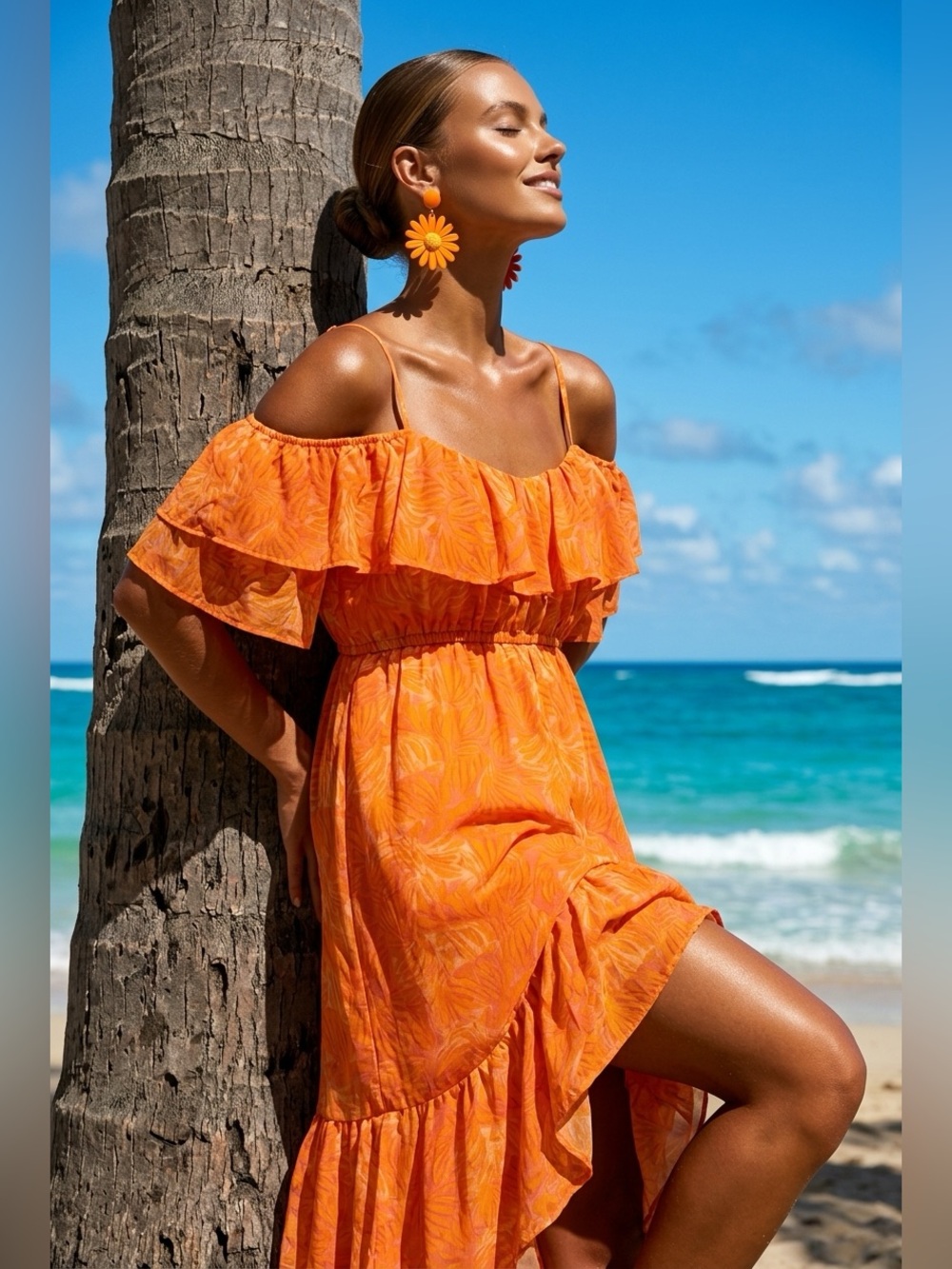 Boho Maxi Dress Coral Hippie Elastic Waist, flowy ruffled Summer M
